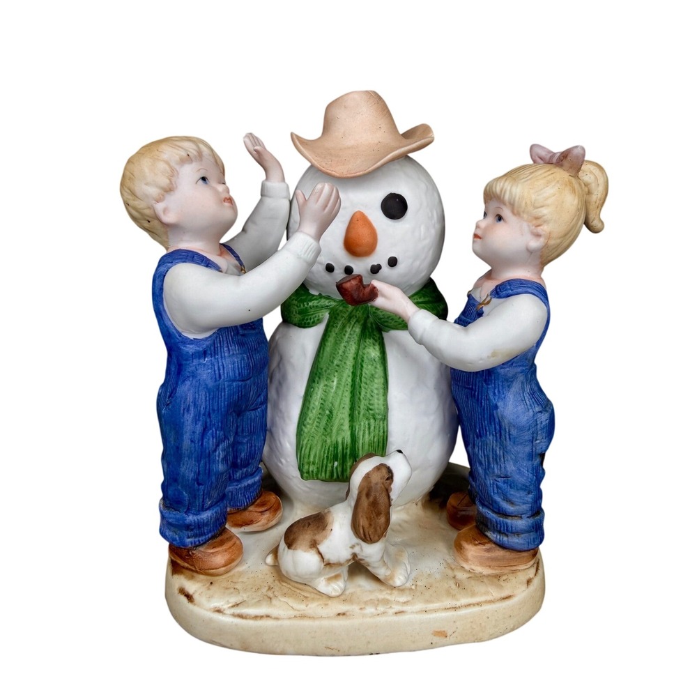 VTG 1985 Homco Denim Days Building a Snowman Porcelain Figurine 1508 Kids Dog